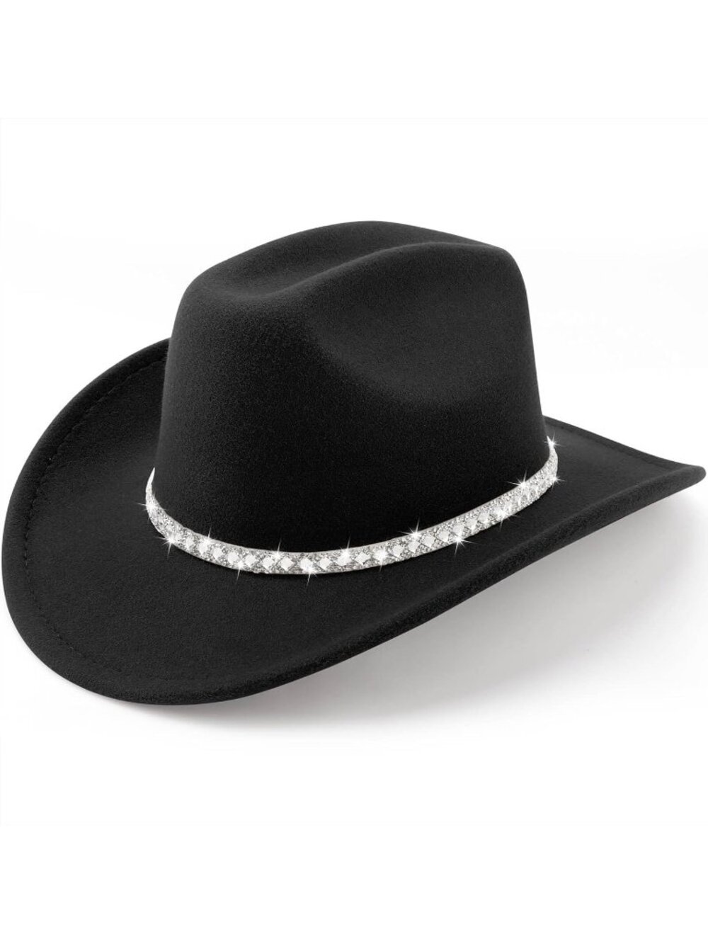 Unisex Black Felt Wide Brim Fedora Belt Buckle Western Cowboy Rolled Cap Hat